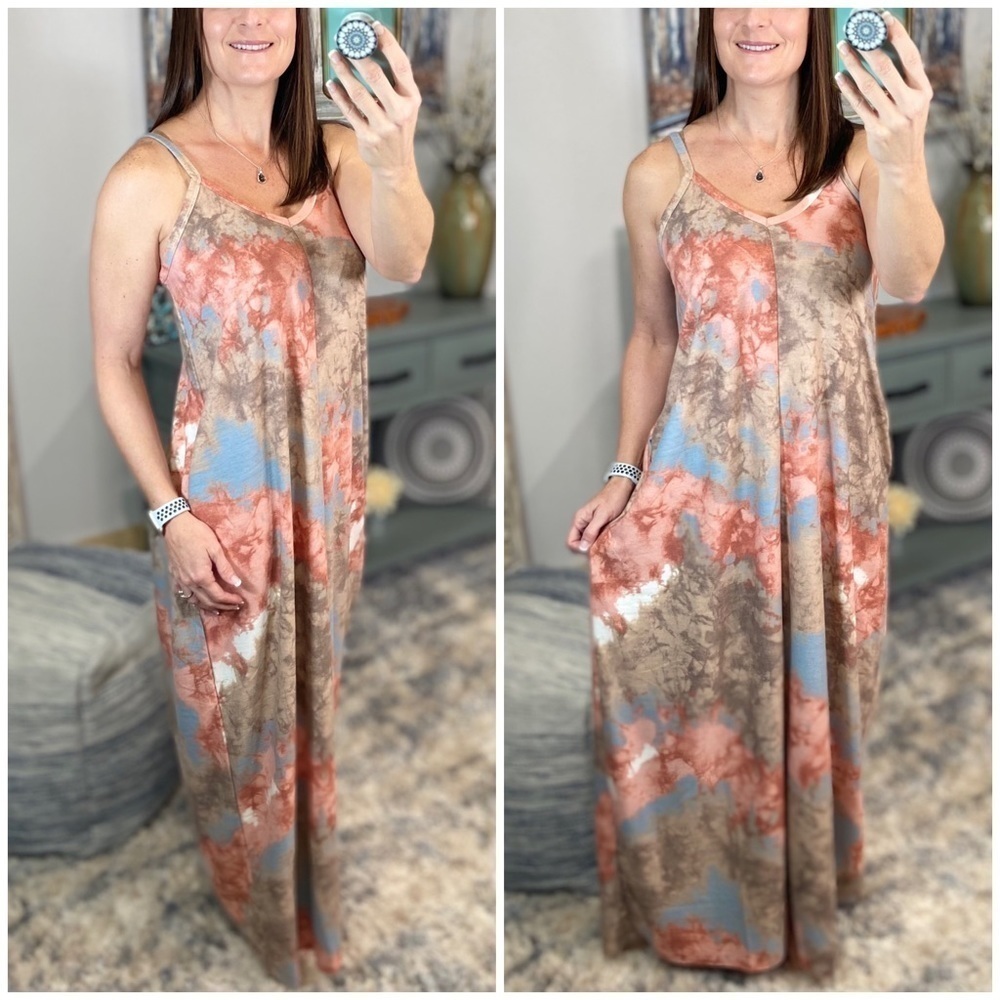 Maxi Dress Tie Dye French Terry V Neck Tank Long Pocket Peach Blue 1022